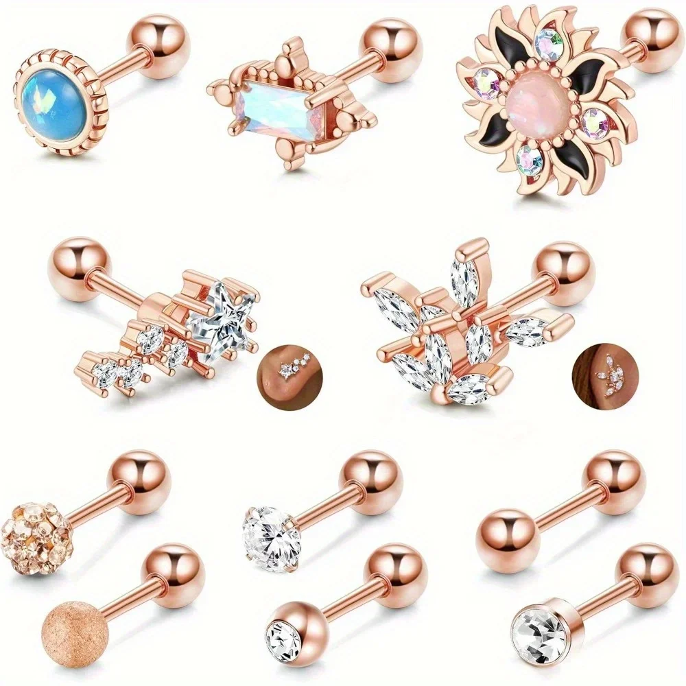 

Bobisty11Pcs Stainless Steel Cartilage Stud Earrings CZ Opal Conch Forward Helix Tragus Daith Piercing Jewelry Set for Women