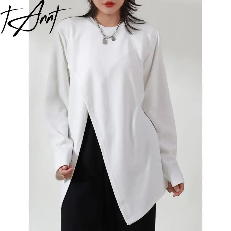 GetSpring Women T Shirt 2024 Autumn Full Sleeves O Neck Split Womens Tshirt Loose Long T Shirts Tee Shirt Female Top Tshirts New