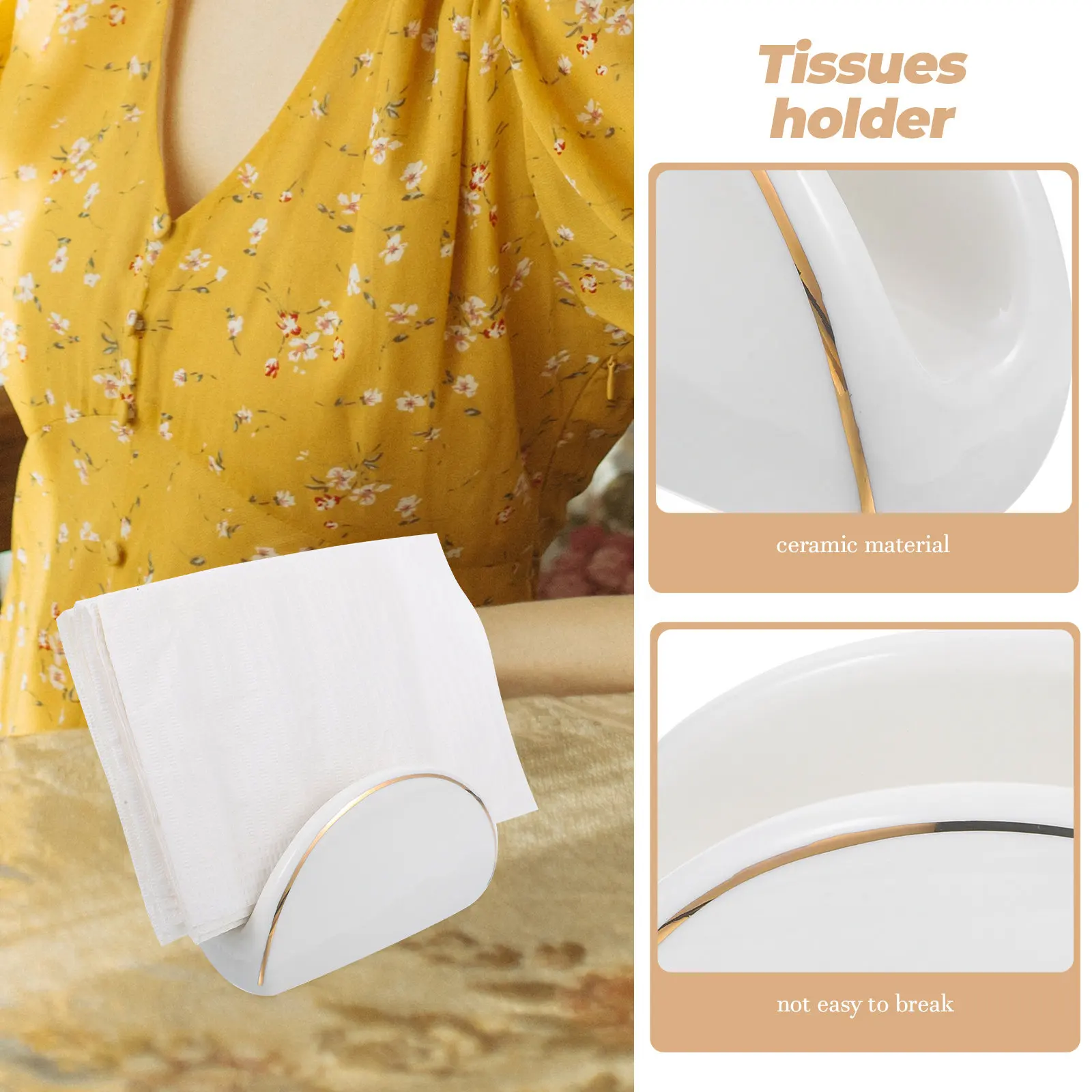 Ceramic Napkin Holder Gold Trimmed Modern Minimalist Tissue Holder for Table Countertop Office Decor Creative Napkin Storage