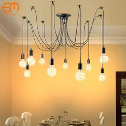 Modern Nordic Black Spider Chandelier, Retro Edison Lâmpada, Loft Decoração, Lâmpada do teto ajustável, lâmpada fixa, E27