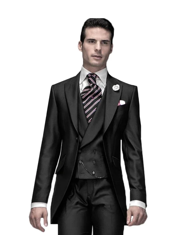 3 Pieces Men\'s Black Peak Lapel Tailcoat Suit Formal Jacket Waistcoat & Trousers Groom Tuxedos Fashion Men Suits for Wedding