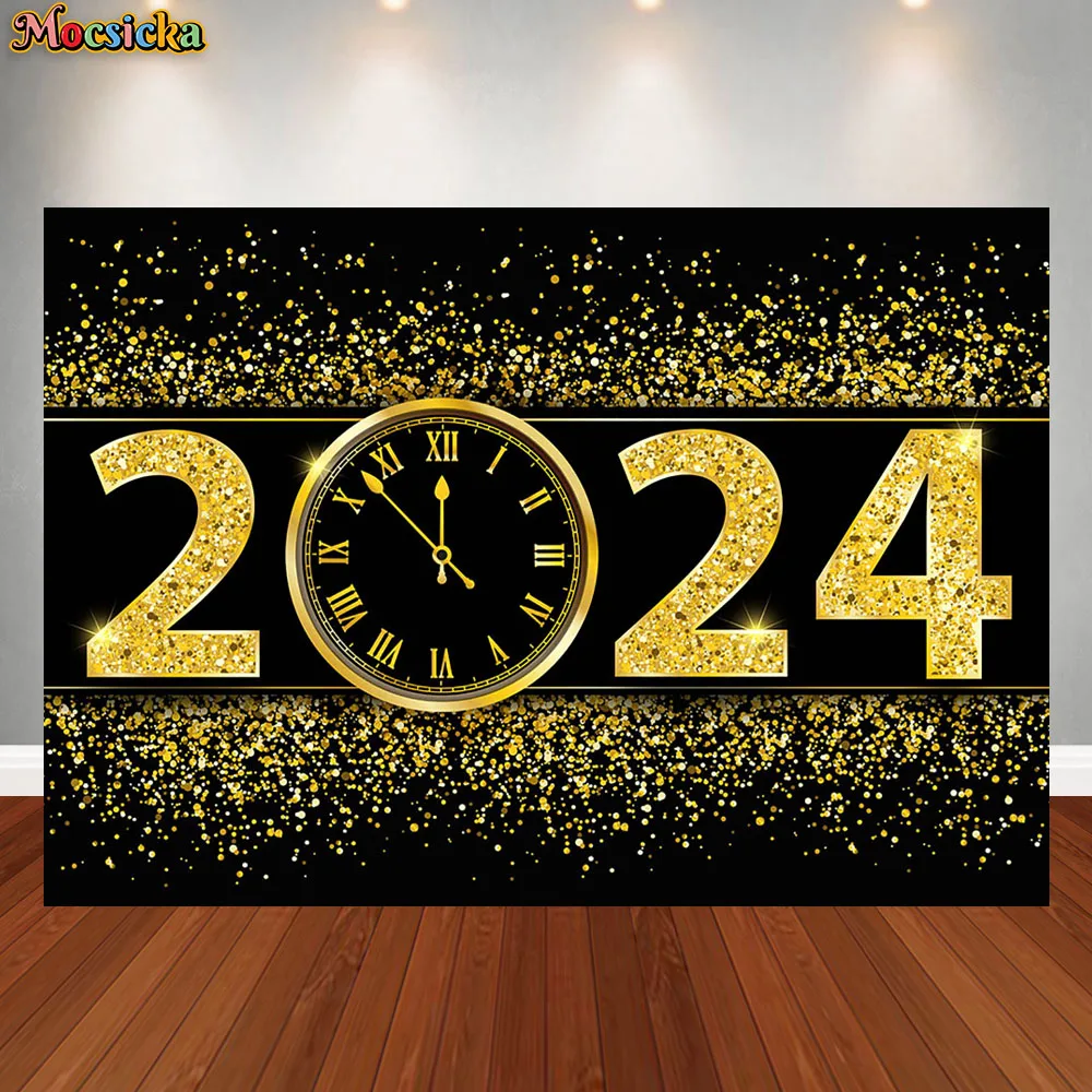 

2024 Happy New Year Photography Backdrop Glitter Gold Champagne Balloons Fireworks Party Photographic Background Photo Props