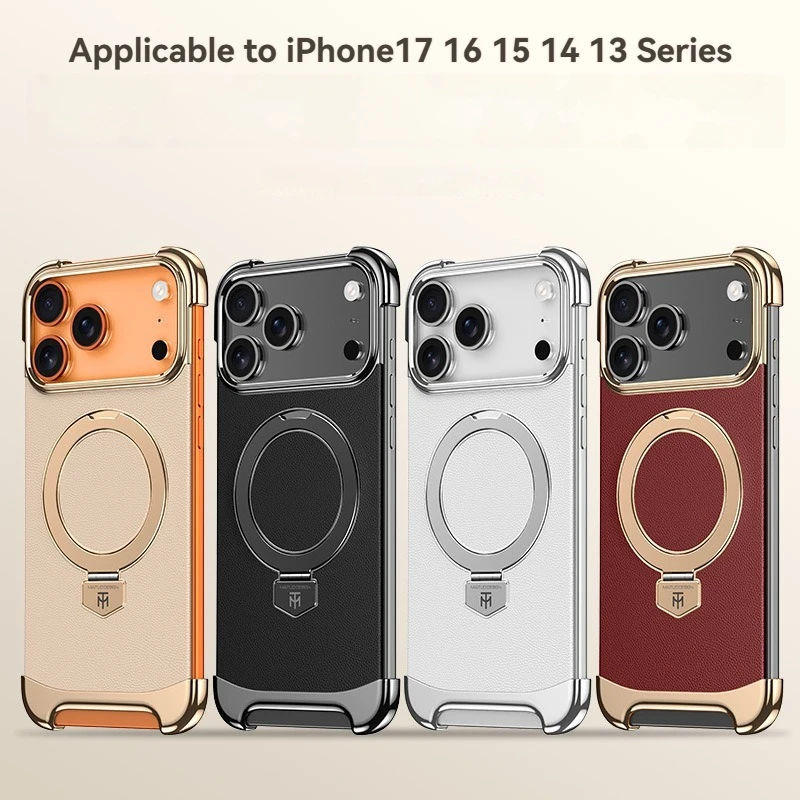 

Back Leather Rotating Bracket Metal Phone Case for iPhone 17 Air 16 15 14 13 Pro Max with Support Wireless Charging