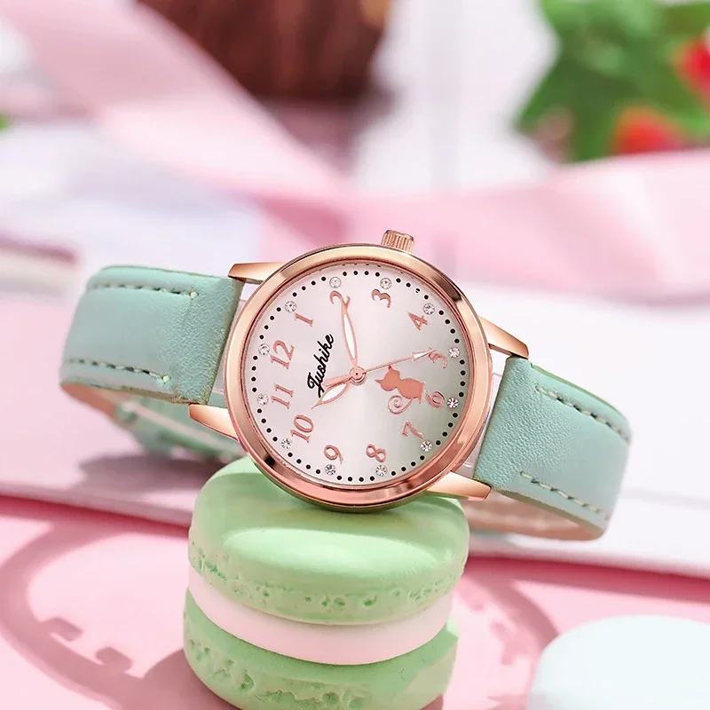 Montre-bracelet à quartz rose mignon pour enfants, motif de chat de dessin animé, montres pour filles, horloge pour étudiants, mode