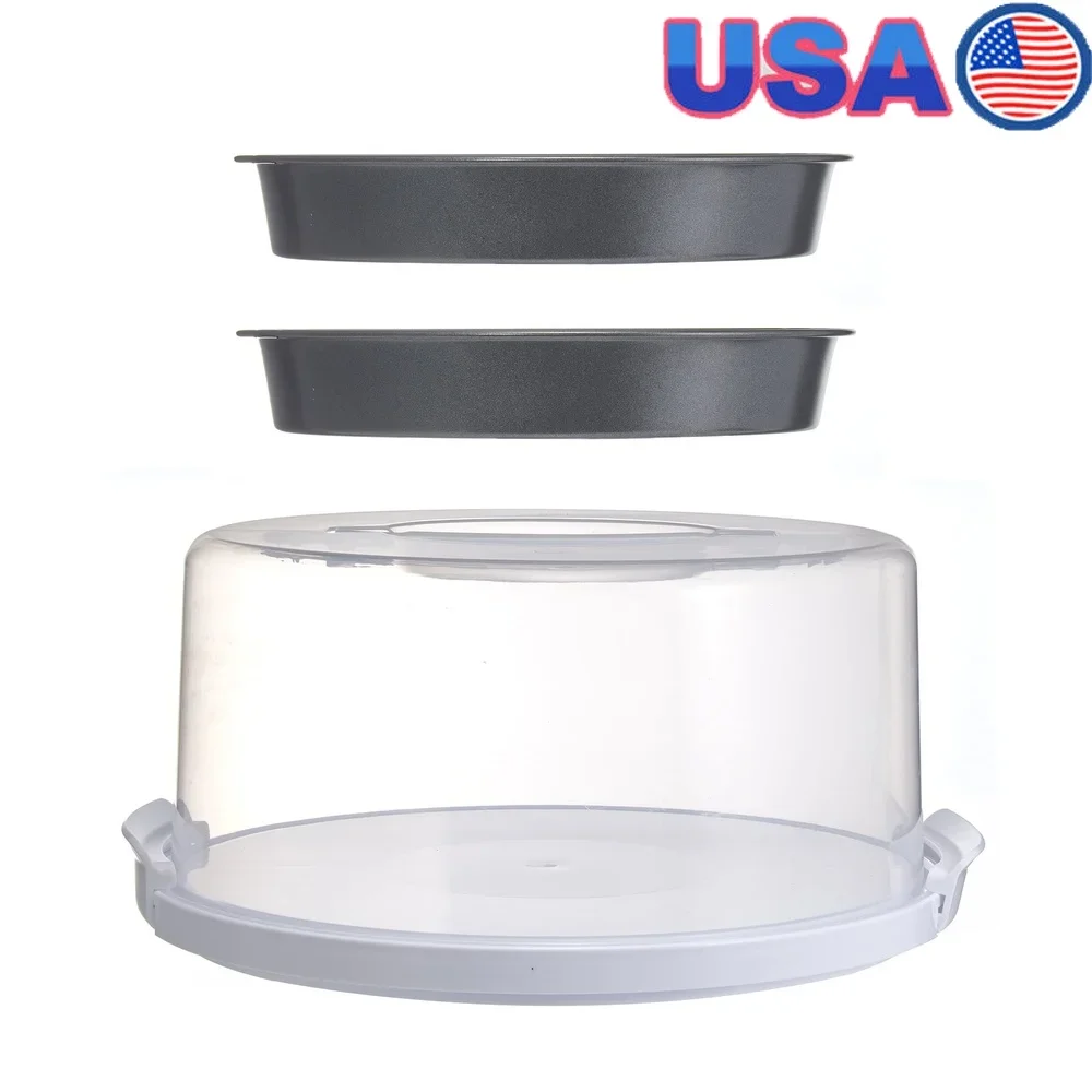 

12 Inch Cake Carrier with 2 Non-Stick Baking Pans Clear Stand for Desserts Transport