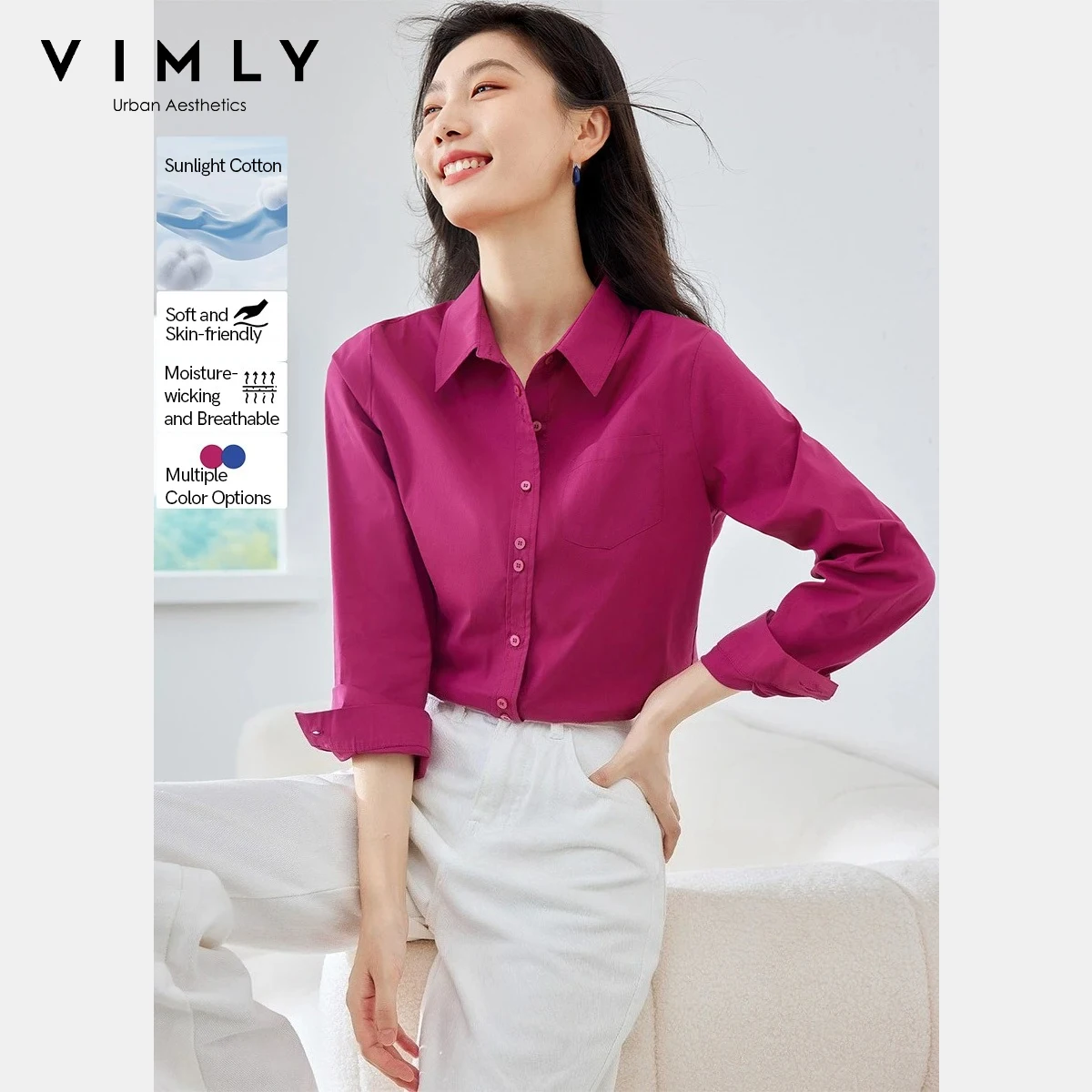 

VIMLY Versatile Casual Women's Shirts Autumn 2025 Long Sleeve Solid Blouses Commute Simple Single Breasted Female Tops M3536