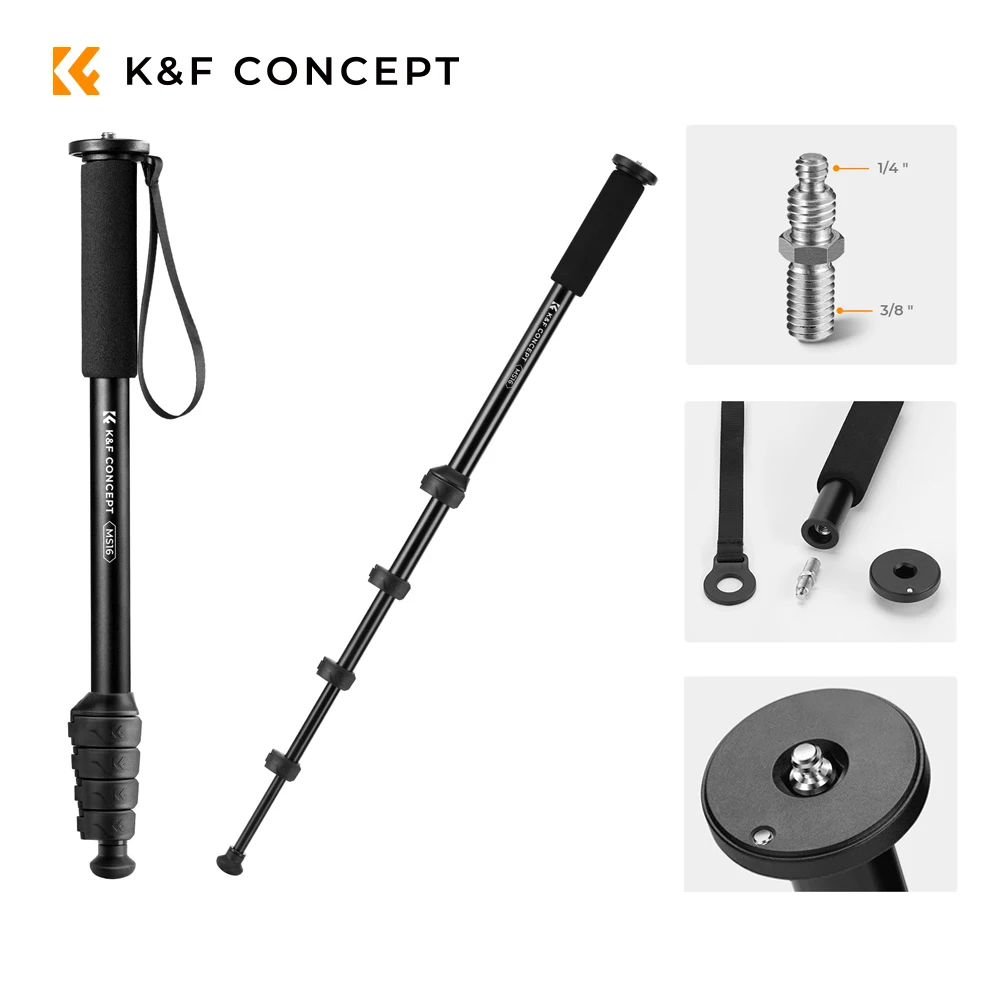 Monopé para Câmera K&F CONCEPT MS16 160cm, Monopé de Alumínio Leve Ajustável de 5 Seções com Parafuso Duplo para Câmeras DSLR