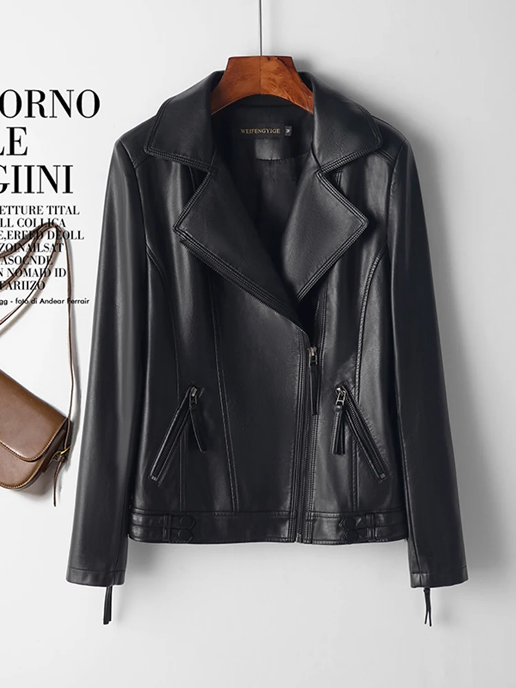 Spring Autumn 2025 New Sle Harbin Genuine Leather Jaet Women's ort plus Size Bla eepskin Zipper Coat Slim Fit