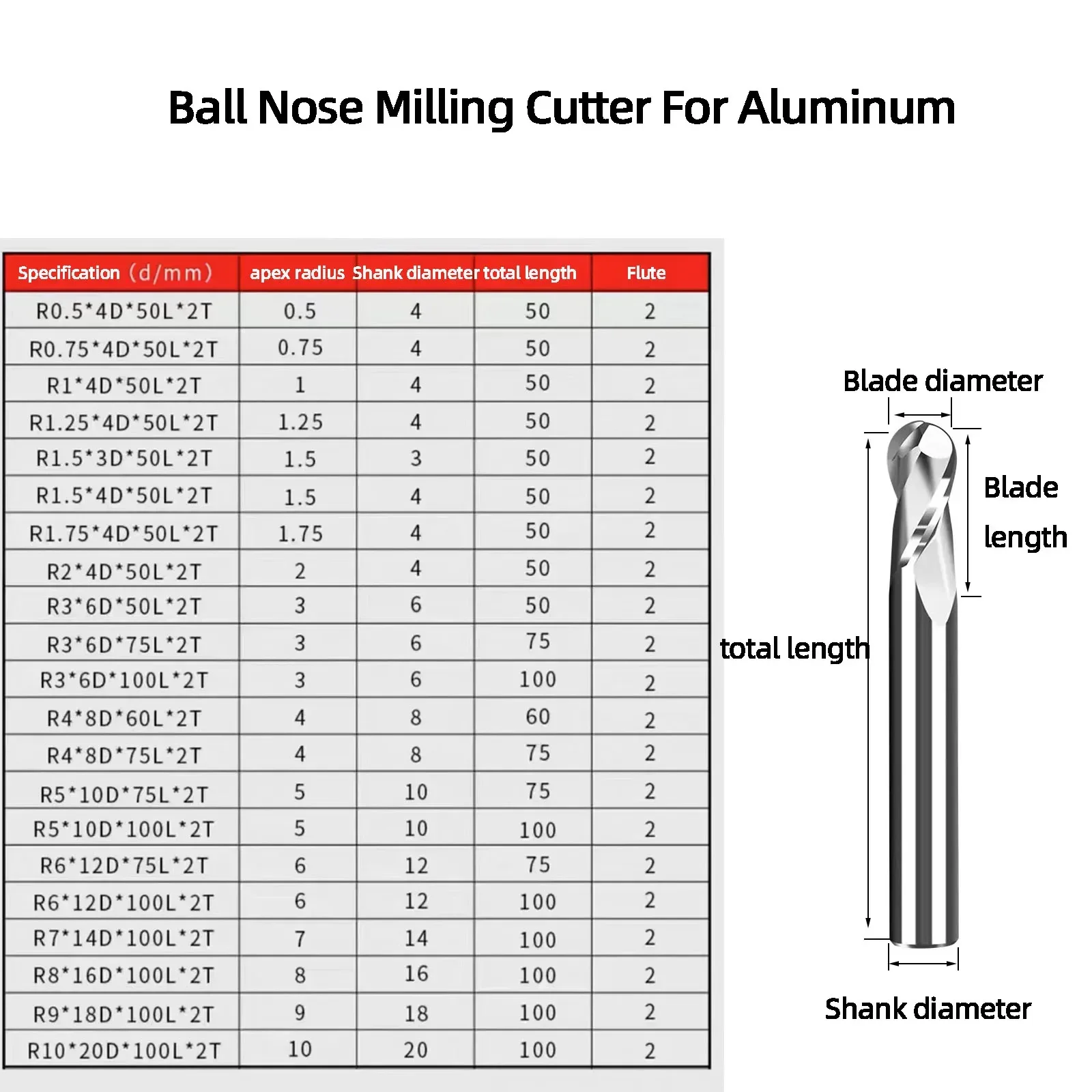 HRC55° 1/3pcs Carbide Ball Nose End Mill for Aluminum 2 Flute Tool Milling Cutter CNC Engraving Machine R0.5-10