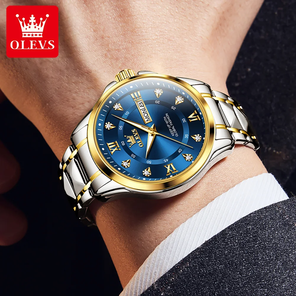 Olves-Reloj de pulsera de cuarzo para hombre, cronógrafo luminoso de negocios, resistente al agua, de acero inoxidable, con fecha