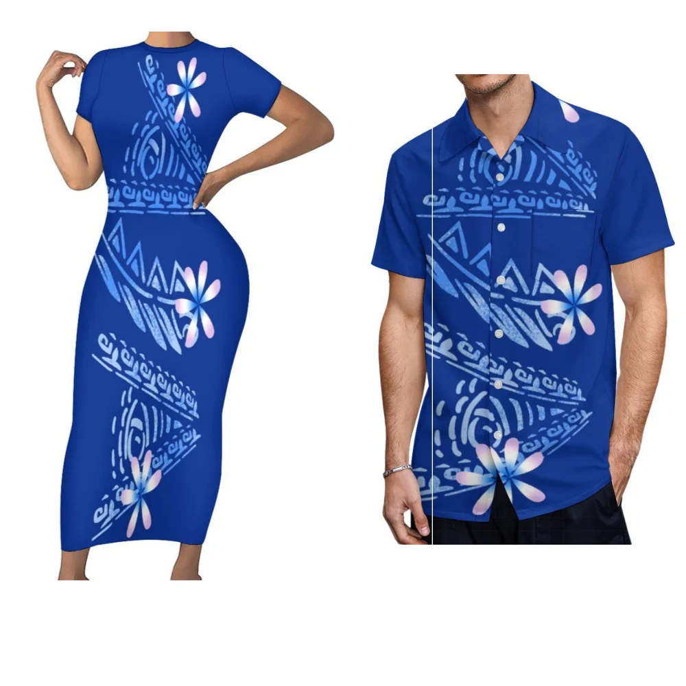 

Polynesian Couple Suit Tailored Summer crew-neck short-sleeved slim-fit temperament women's dress Casual Party men's shirt 2024