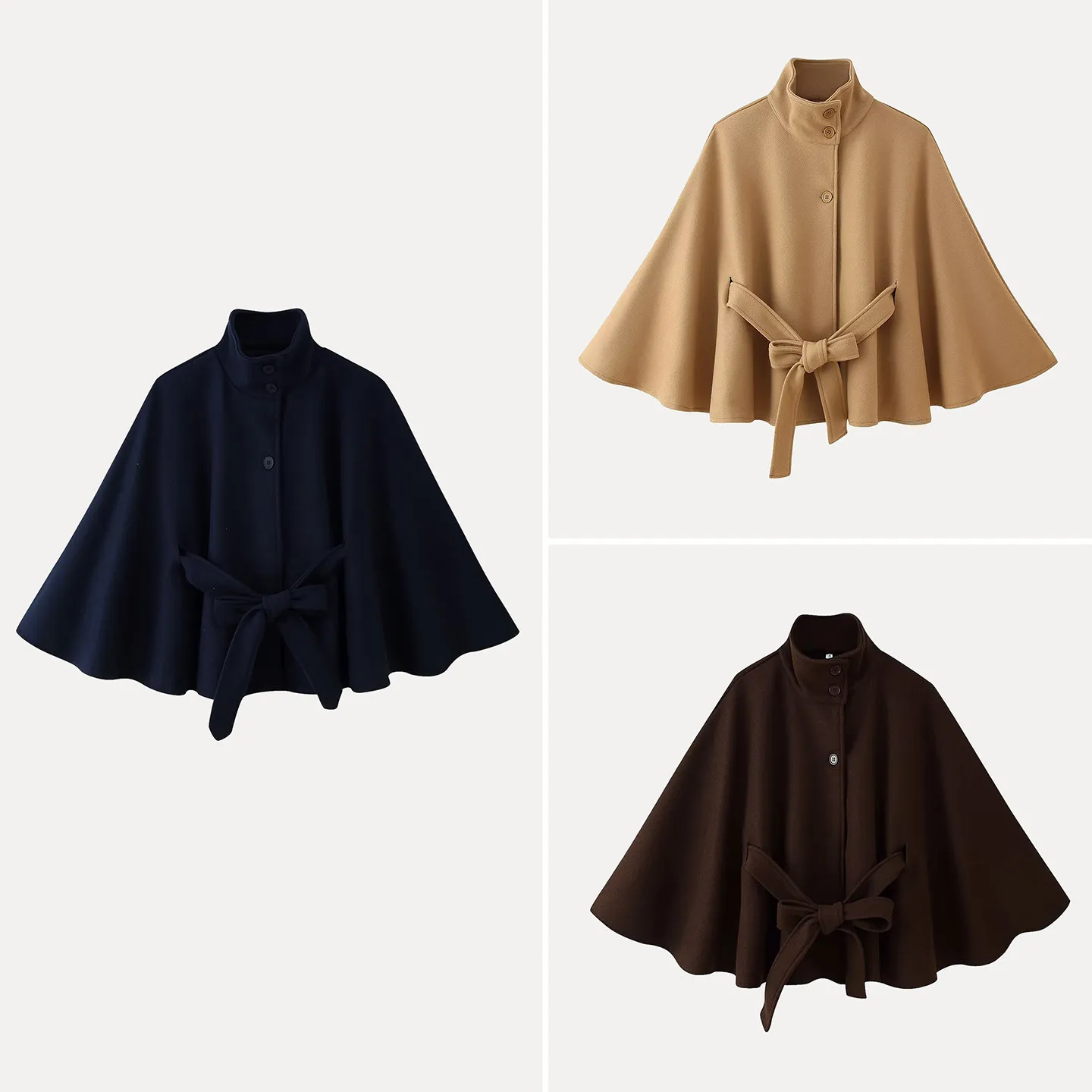

Faionable High Collar Cloak Sle Coat with Belt Woolen Outerwear for Women Winter 2025 Simple Sle Stand Fit Ladies Coat