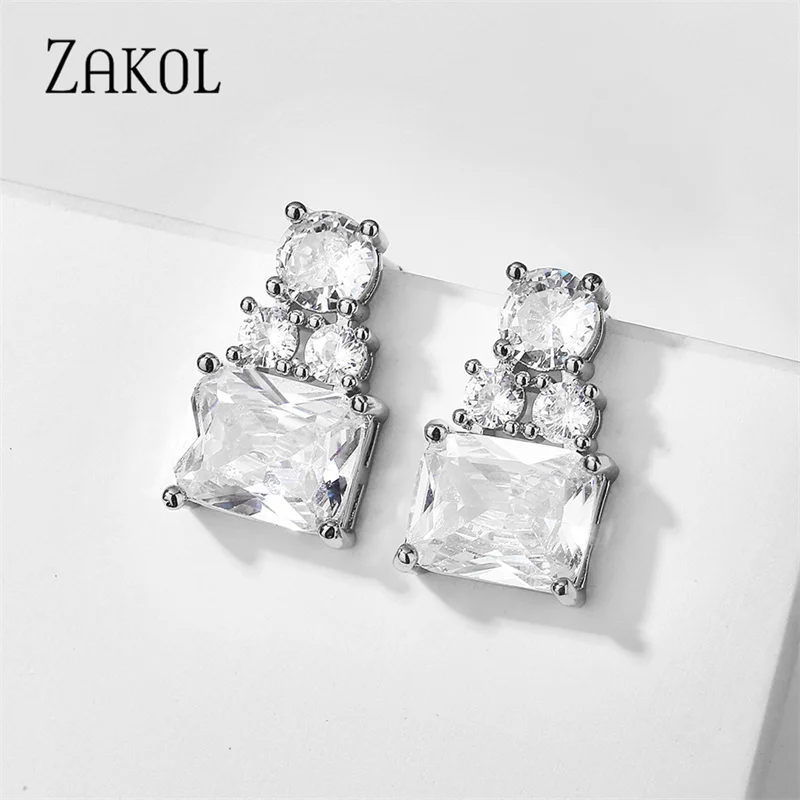 ZAKOL New Sliver Color Square Cubic Zirconia Stud Earrings for Women Light Blue Pink Bottle Crystal Earring Girls Party Jewelry