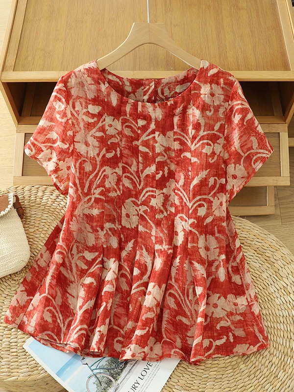 

Retro Print Casual Shirt round Neck Short Sleeve Summer Top for plus Size Women Artistic Style Loose Fit Ladies Fashion