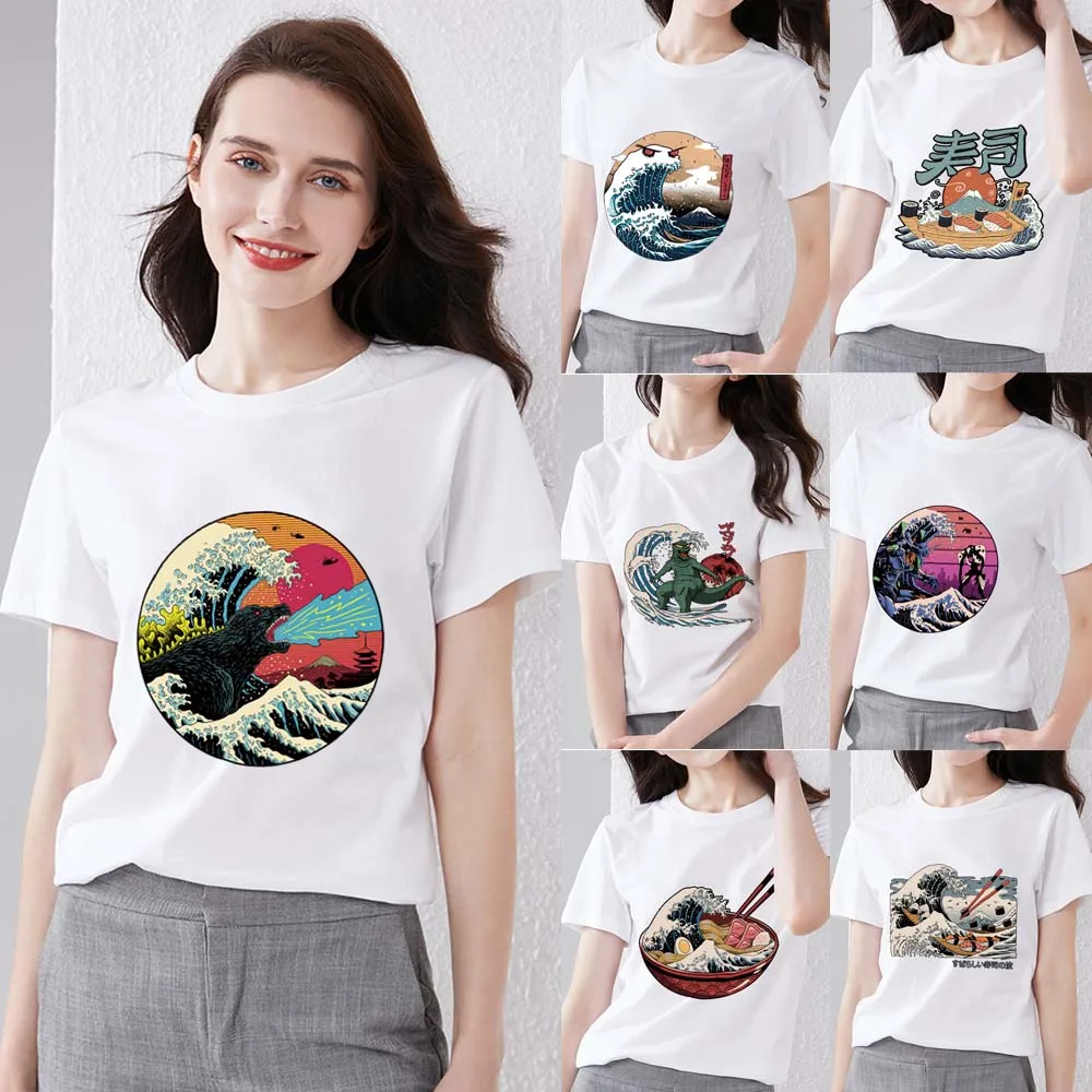 Women's Clothing T-shirt Casual Tops Cartoon Color Wave Print Series Round Neck Ladies Slim Commuter Short Sleeve Top Clothes