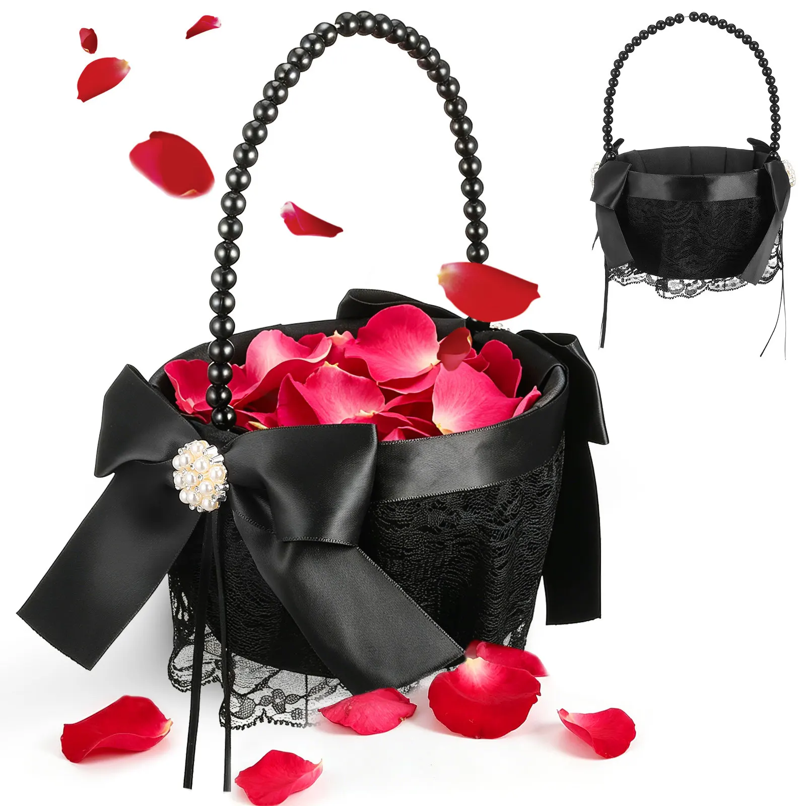 Cesta Negra para Niña de las Flores en Bodas, Elegante Cesta de Pétalos con Asa de Perlas, Suministros para Ceremonias de Boda, Contenedor para Dulces, Chocolate y Frutas