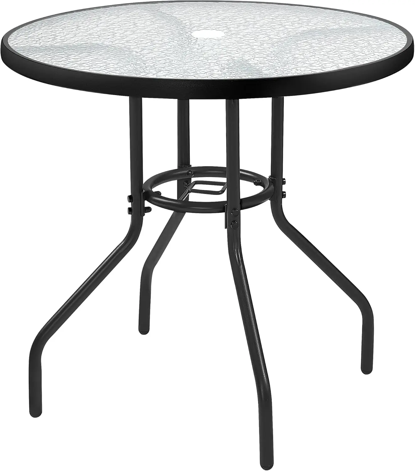 

Round Patio Bistro Table with Umbrella Hole, Tempered Glass Top, Sturdy Iron Frame for Garden