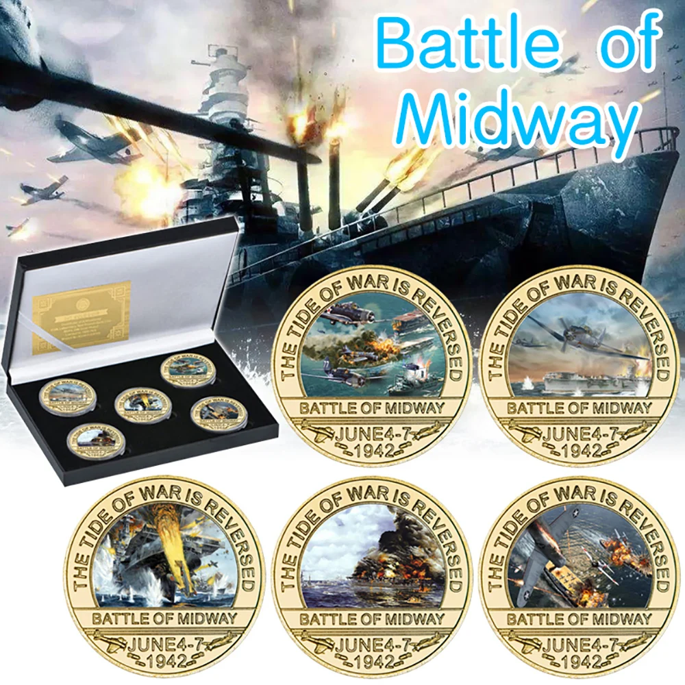 

5PCS Battle of Midway Golden Commemorative Coins Gift Box Set War II Military Challenge Coins Army Souvenir Gifts for Collection