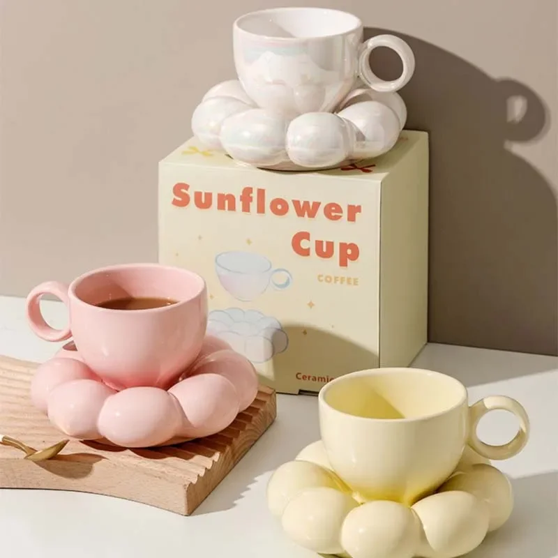 200ml Ceramic Mugs Home Decorative Clouds Decorative Plate Coffee Mugs Set Creative Afternoon Tea Cups Set Cute Home Decorations