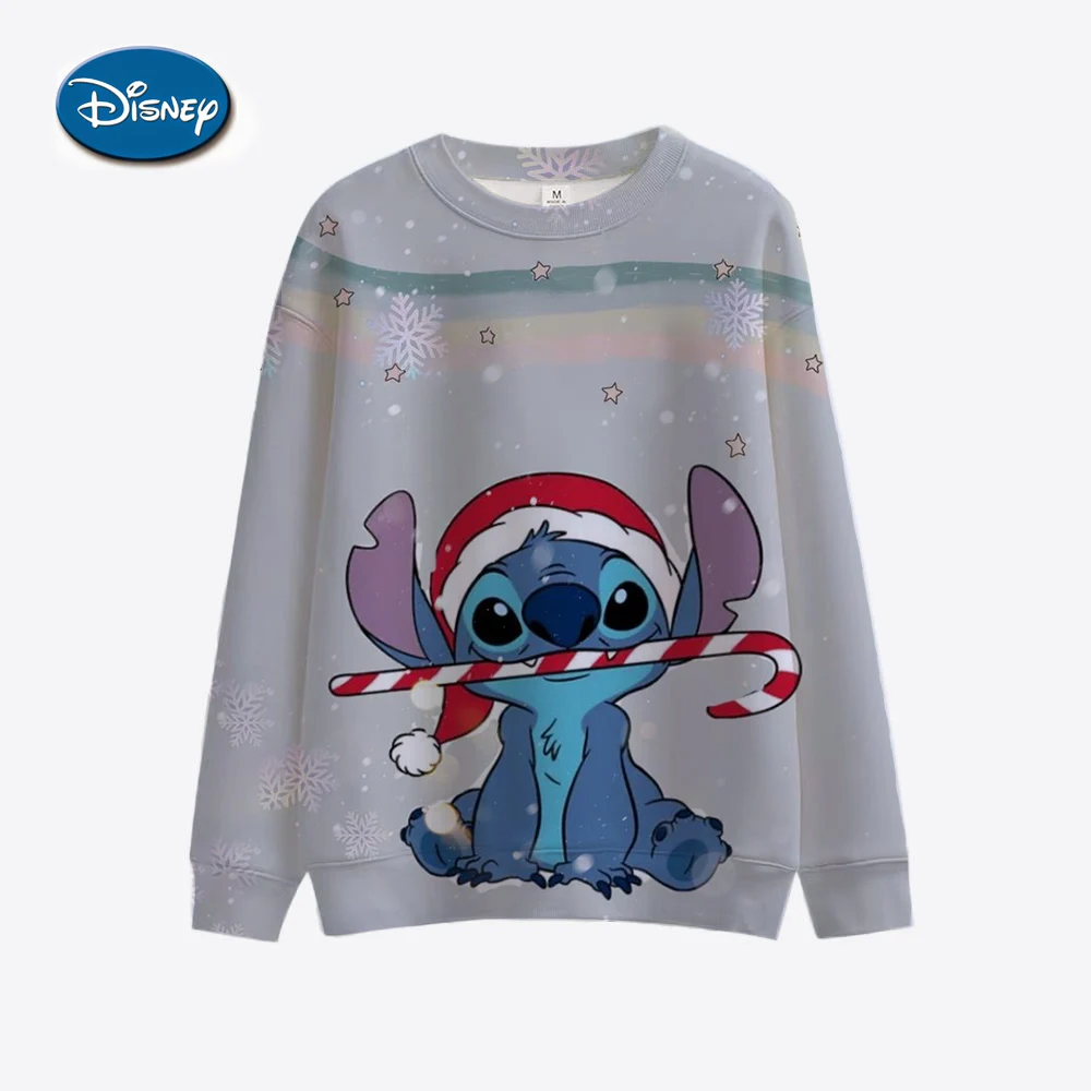 Disney Stitch Women\'s Christmas Hoodie Knitted Sweatshirt Round Neck Long Sleeve Shoulder Sweatshirt Top Harajuku Hoodie