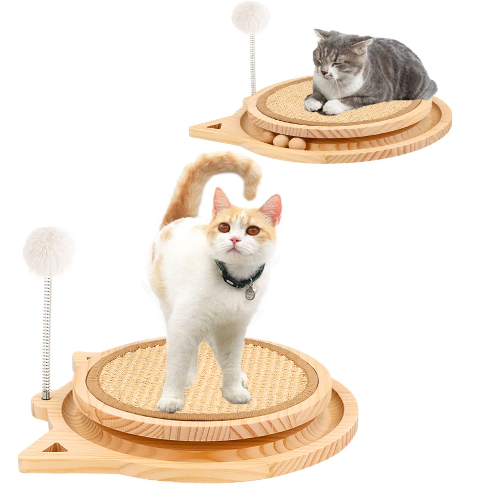 

Wooden Cat Scratching Pads Cat Scratcher Natural Sisal with Track Spring Ball Kittens Interactive Claw Grinding Toys Accessories