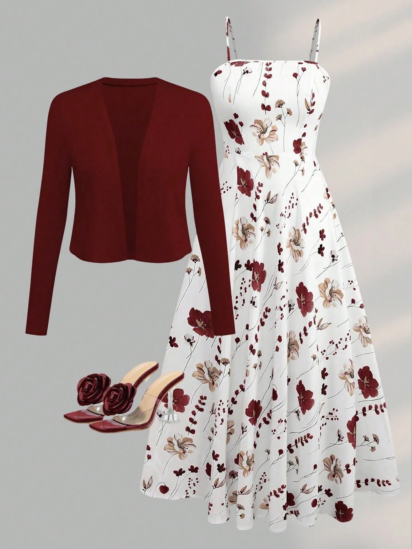 

Women Elegant Floral Spaghetti Strap Flared Dress With Knit Cardigan Set