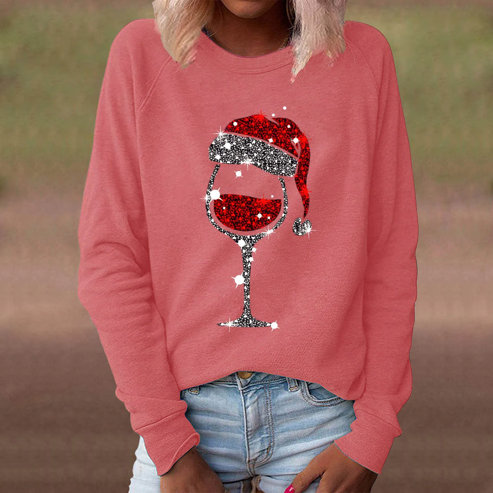 Christmas Print Red Wine Cup T-Shirt Women\'s Fashion Casual Round Neck Long Sleeve Pullover Sweater New 2023 Femme Clothing Tops