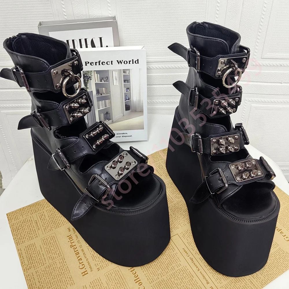 

Black Platform Metal Rivet Sandals 2025 New Open Belt Buckle Wedge Heel Short Boots Fashion Street Punk Party Casual Sandals