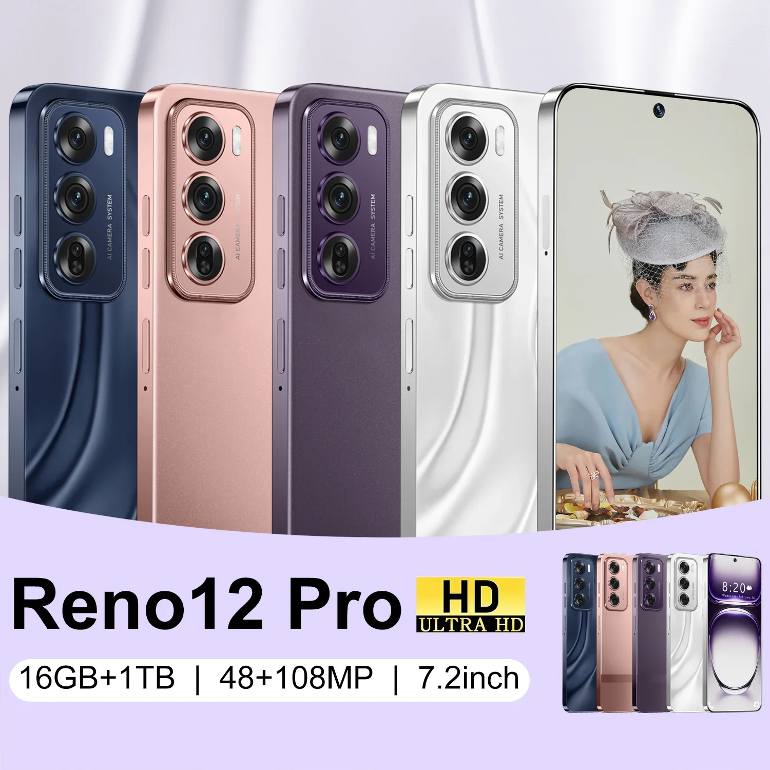 Reno12 Pro Mobile Phones 7.2HD Original Smartphone 5G Dual SIM Android13 Cell Phone Snapdragon 8 Gen 2 Global Version Cellphones