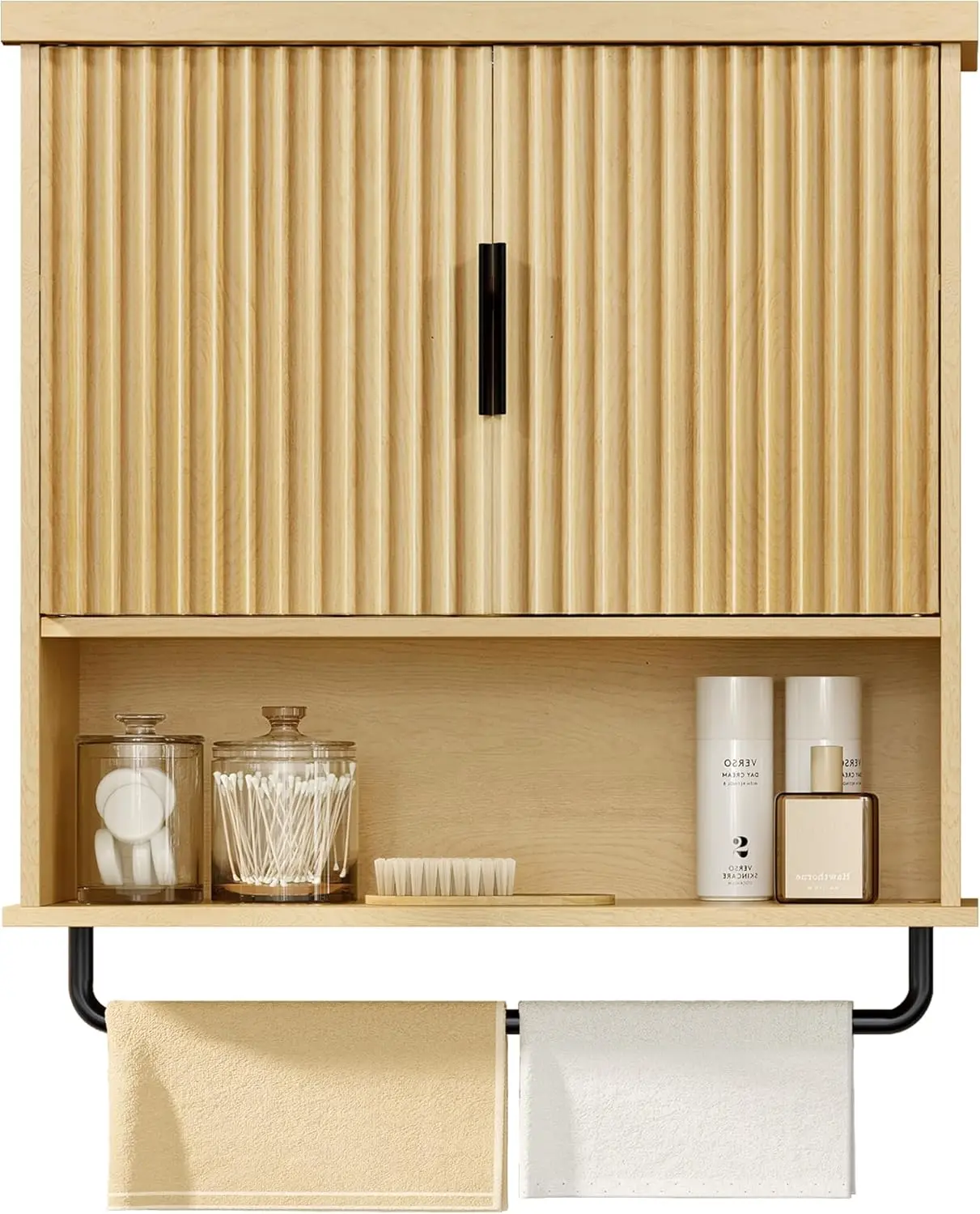 

Настенный шкаф над унитазом для ванной комнаты с регулируемой полкой и вешалкой для полотенец, рифлеными дверцами, дуб бежевый, 7,9 x 23,6 x 28,7