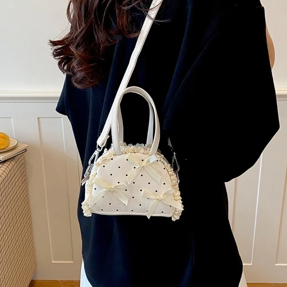 Retro Bow Polka Dot Handbag Ruffles PU Leather Crossbody Bag Top Handle Messenger Bag Shoulder Bag Daily