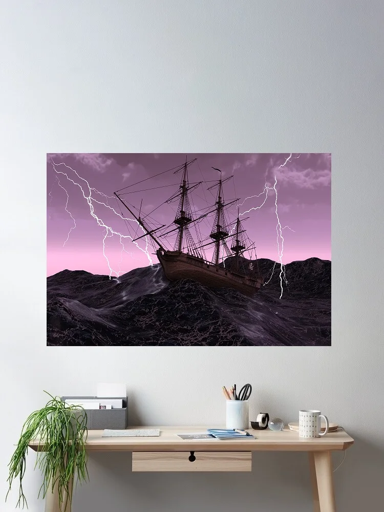 

Pirate Ship with Lightning Flags, Painting Print Art Silk Poster, for Living Room Decoration, Home Wall Decor Picture