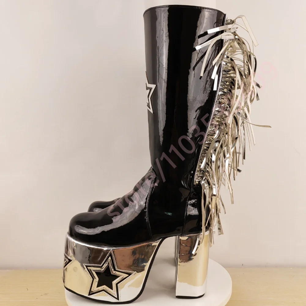 

Platform Punk Star Tassel Stage Boots 2025 Autumn New Round Fashion Party Casual Boots Street Rock Thick Heel Motorcycle Boots