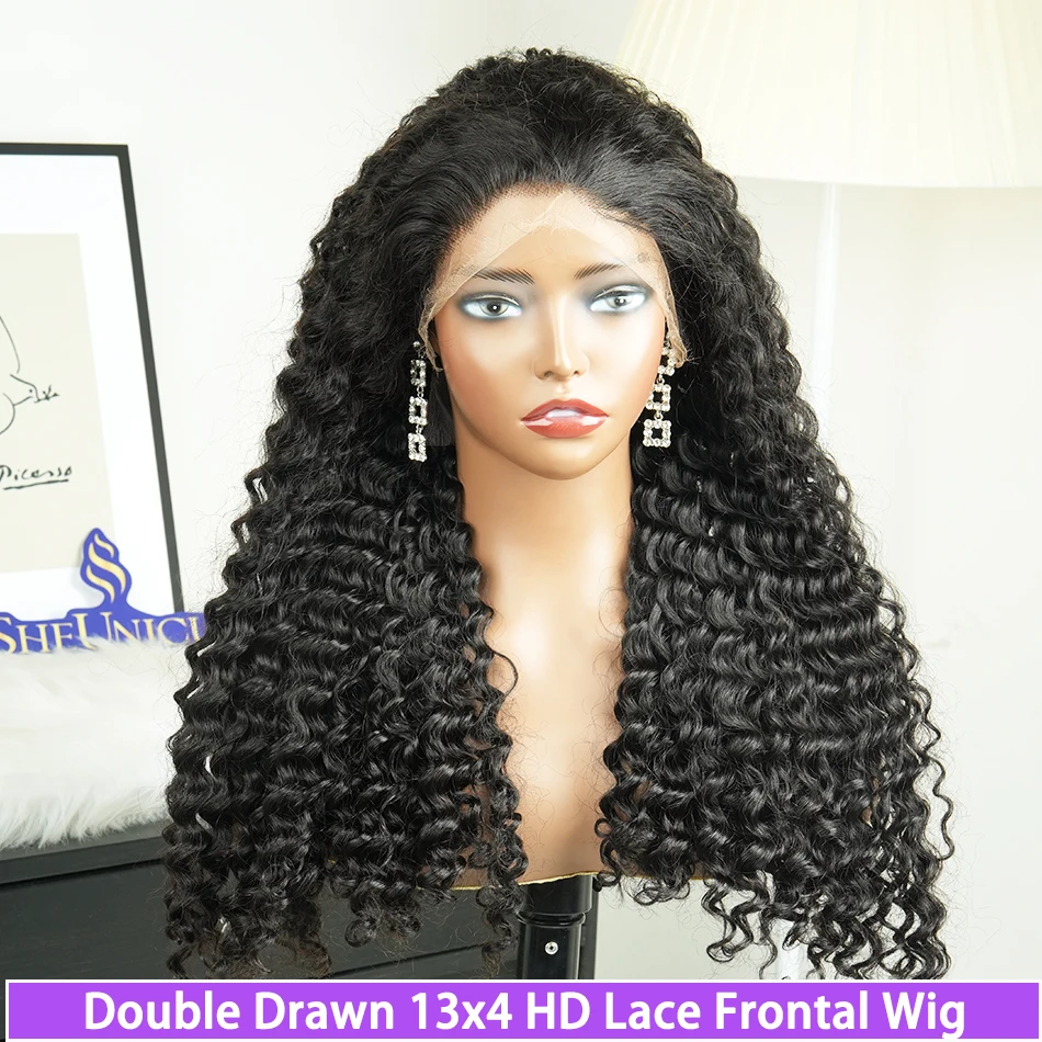 

Парики из натуральных волос Double Drawn 13x4 HD Lace Frontal Deep Wave # Натуральный цвет 1B, 200% 250% плотность, предварительно выщипанные, осветленные узлы, необработанные волосы