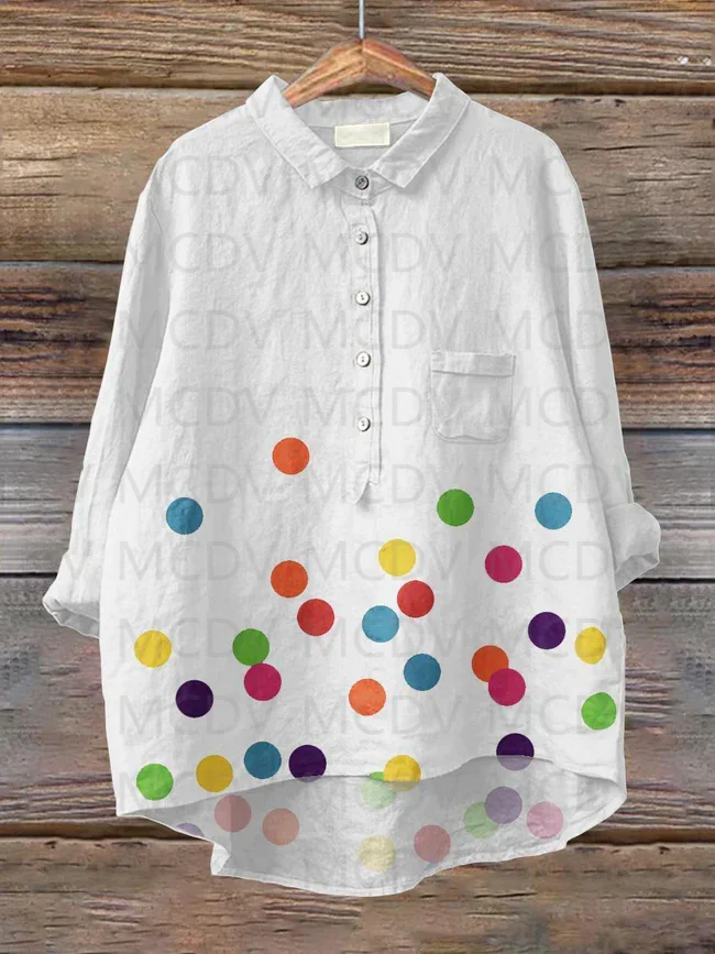 Women\'s Rainbow Polka Dots Art Print Casual And Linen Shirt Women\'s Tops