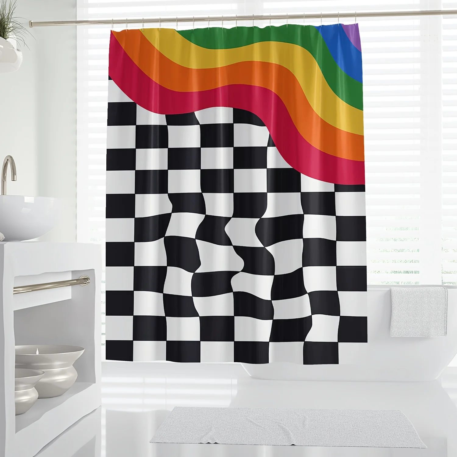 

1 шт. Занавеска для душа с ярким радужным и клетчатым узором — полиэстер, машинная стирка, всесезонное использование, красочный волнистый дизайн с