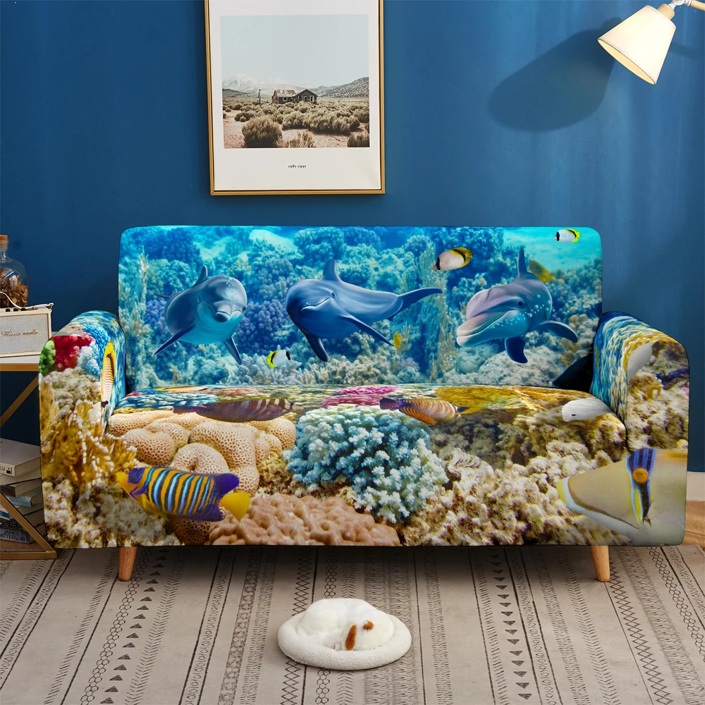 Ocean Park 3D Print Dolphin Sofa Cover Stretch Slipcovers Sectional Elastic Sofa Cover for Living Room Couch Cover 1/2/3/4 Seat