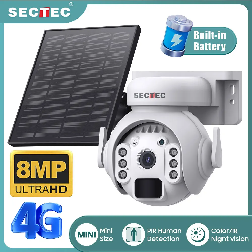 SECTEC 8MP Solar Battery PTZ WIFI Solar Camera Outdoor Surveillance Security 4G Sim Solar CCTV Night Vision