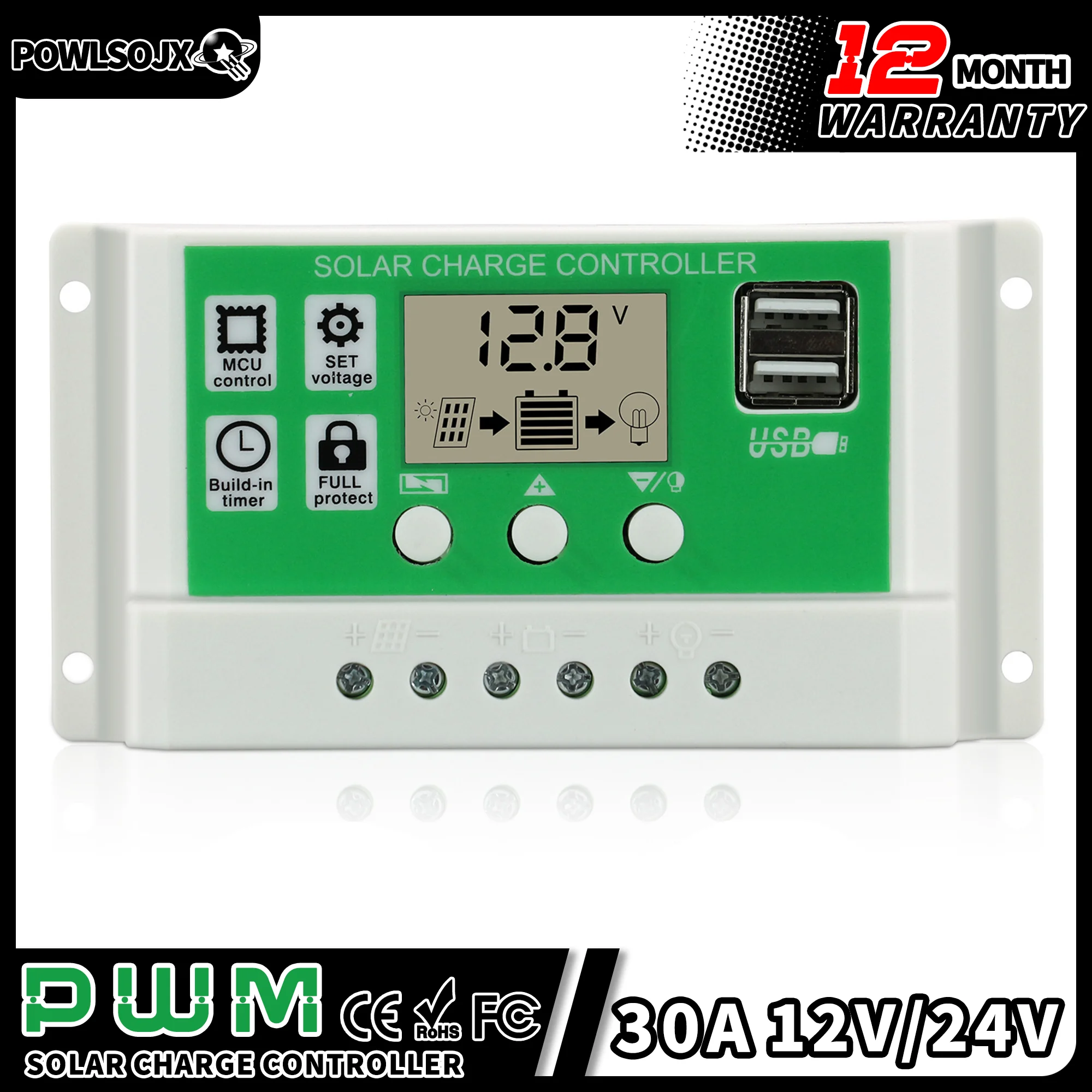 POWLSOJX 30A PWM Solar Charge Controller for Lithium Batteries 12V 24V 1920W Solar Panel Charger Discharge Regulator