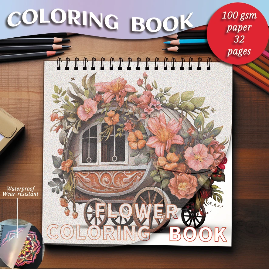 Coloring Book -8.27 x 8.27  inches 32 pages of flower car Coloring Book - Ideal gift for family or friends