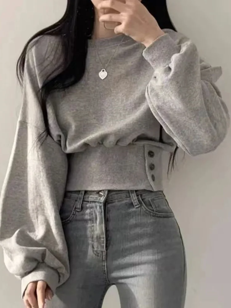Autumn Women Solid O-Neck Slim Crop Top Lantern Sleeve With Button  Sweat Casual Hip-Hop Sporty Pullover Sweet Chic Street Wear