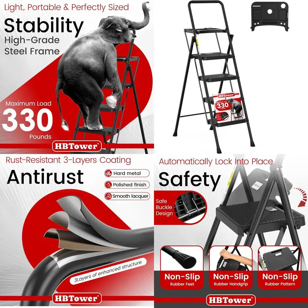 

Portable Folding Step Ladder with Anti-Slip Treads, Steel Construction, Lightweight and Sturdy with Handrail