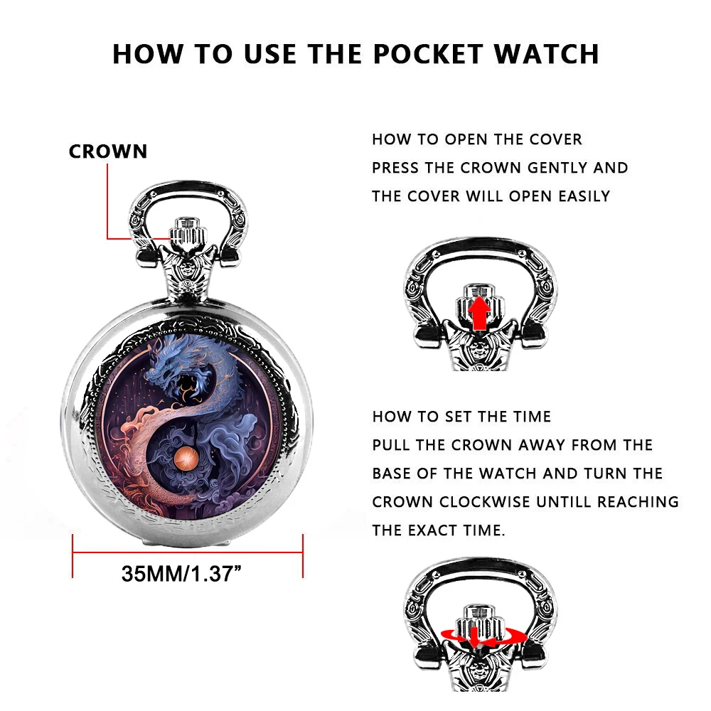 موضة الفضة الفولاذ المقاوم للصدأ Monn التنين Desgin ساعة جيب كوارتز قلادة النساء الرجال الاطفال مجوهرات سلسلة بدلاية على مدار الساعة هدية