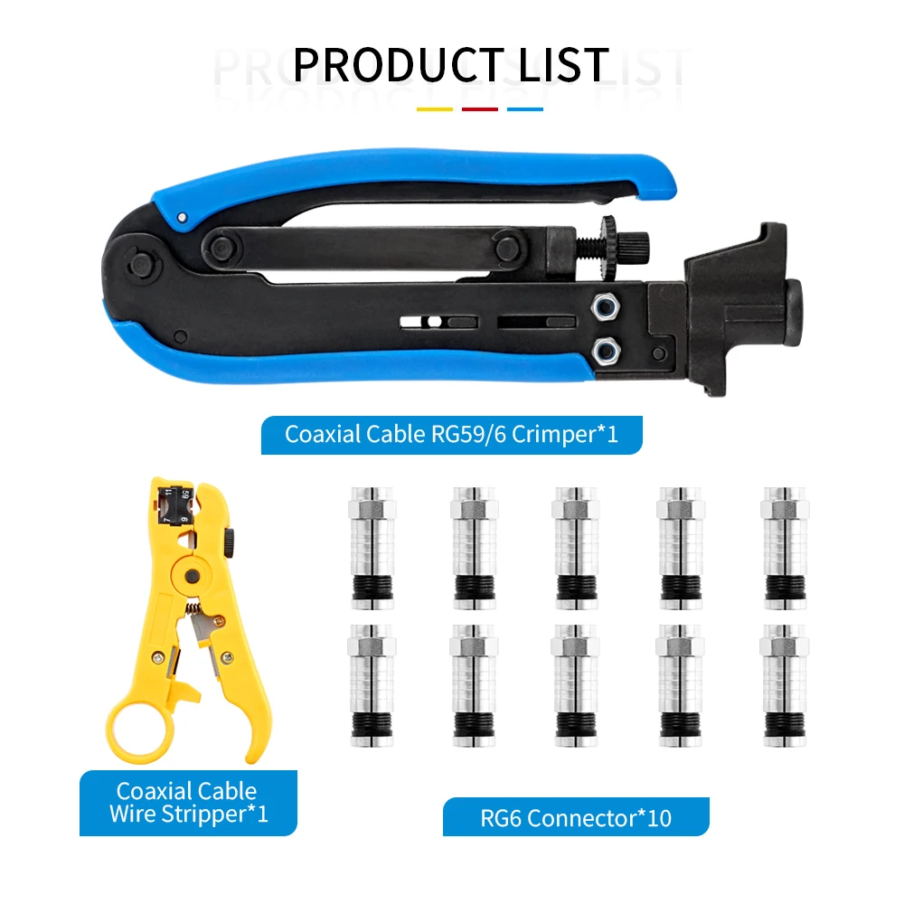 RG6 RG59 RG11 Wire Stripper Crimper Tool Coaxial Cable Crimping Pliers Set With 10Pcs RG6 Compression F Connectors Half-Copper