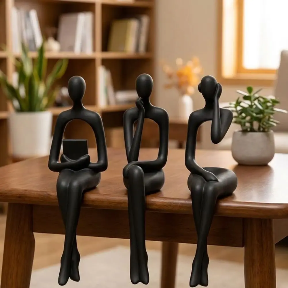 3Pcs Minimalist Abstract Sitting Human Sculpture Set 3D Printed Long Leg Thinking Figurine Edge Sitter Decor Handmade Plastic