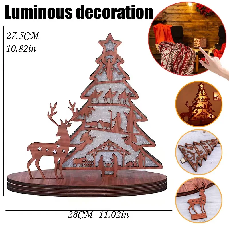 Weihnachtsgeschenk für Kinder: 3 Stück leuchtende Holzornamente – Weihnachtsbaum, Elch und Krippenstufe für die Party-Dekoration zu Hause