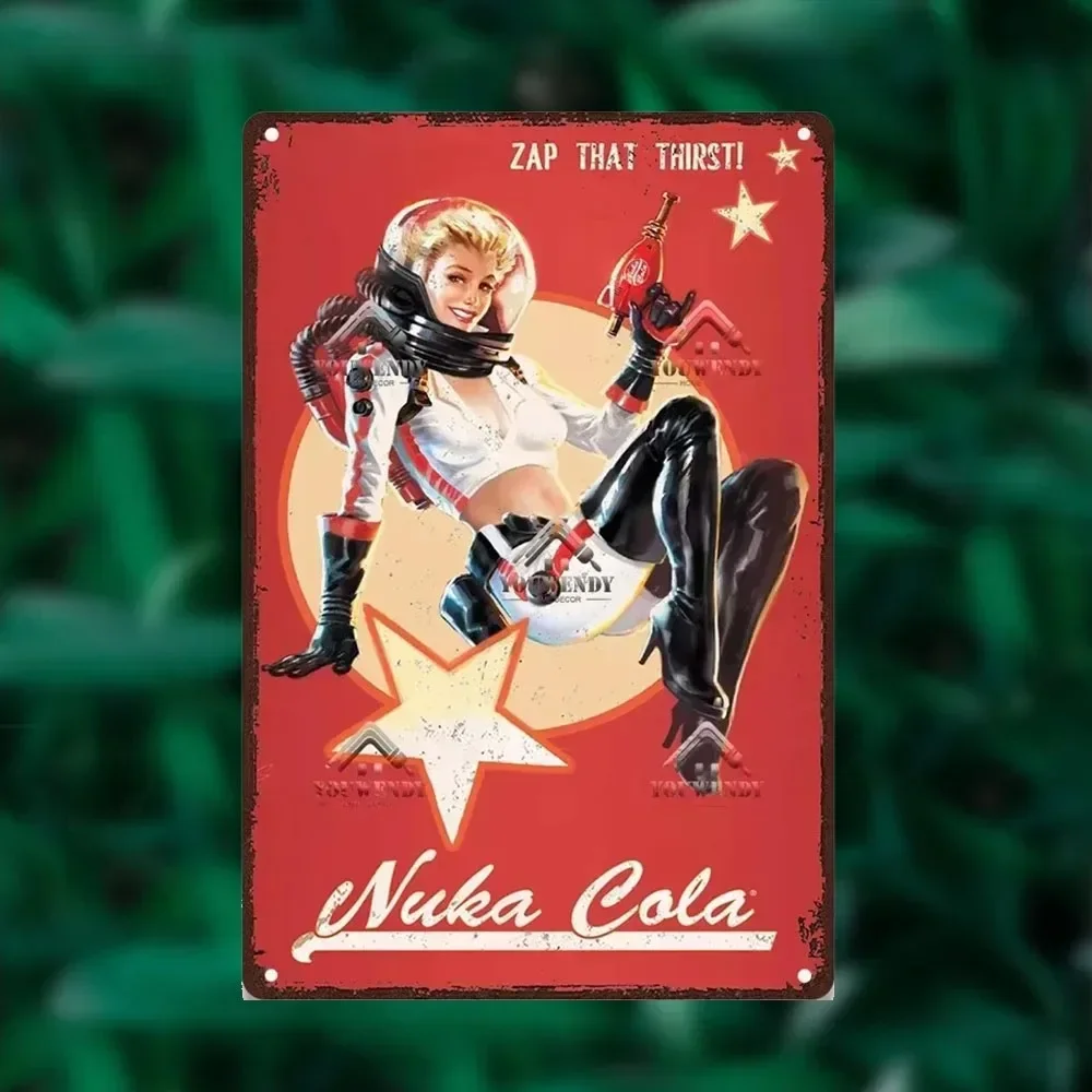 علامة معدنية لملصق مشروبات Nuka Cola - ديكور حائط لألعاب الحانة ذو طابع ألعاب عتيق، فن معدني نهائي