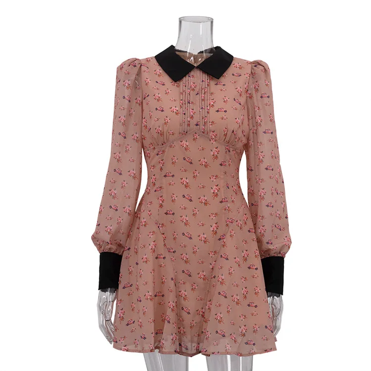 جديد المتناقضة اللون الطباعة فستان فرنسي المرأة مطوي التلبيب الياقة كم طويل مزاجه عالية الخصر تنورة كلمة #1