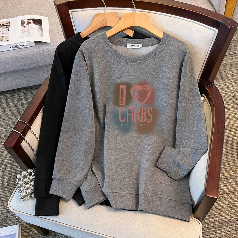 

175Kg Plus Size Women's Bust 170 Autumn Loose Round Neck Long Sleeved Printed Sweatshirt Black Gray 4XL 5XL 6XL 7XL 8XL 9XL