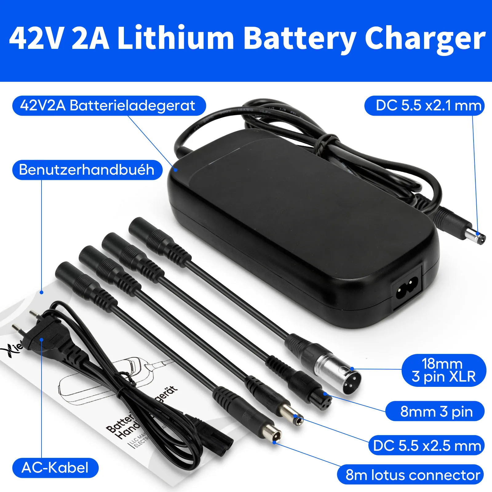 42V 2A Smart Lithium Battery Charger for E-Bike And Electric Scooter Auto Stop CC CV Fast Charging Compatible with 10S 36V Batte